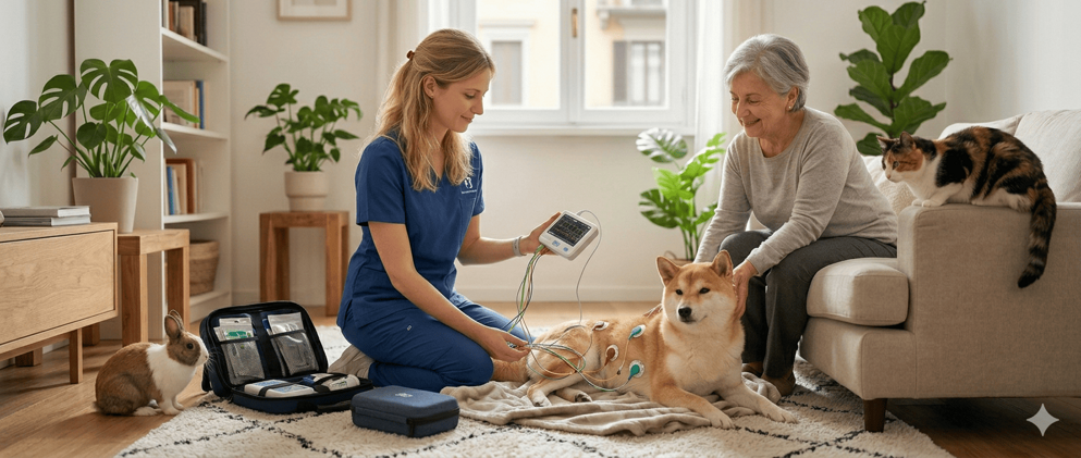 Dottoressa Irene Francini esegue un elettrocardiogramma (ECG) a domicilio a uno Shiba Inu rilassato in un ambiente domestico a Milano, con gatto e coniglio che osservano.
