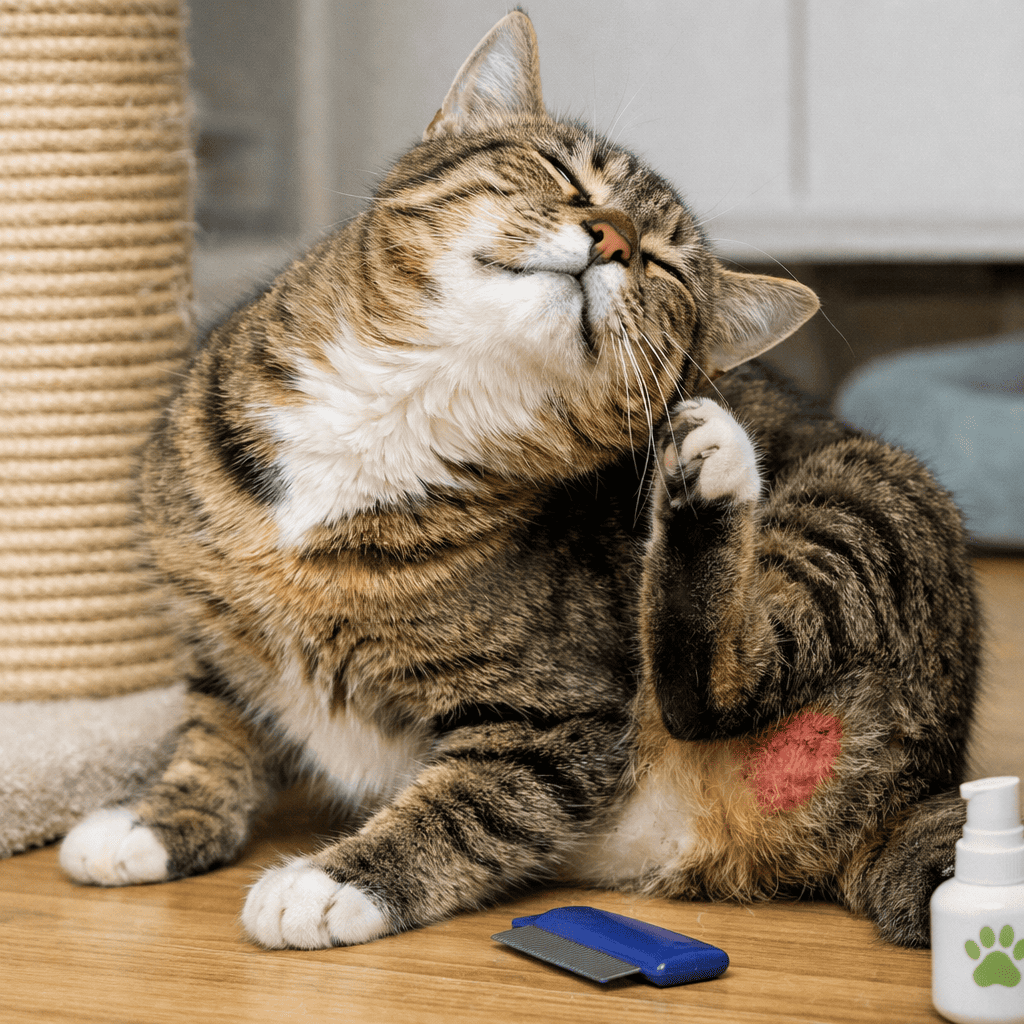 gatto che si gratta e si lecca possibile sintomo di prurito o dermatite nel gatto