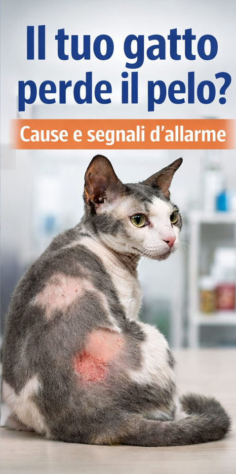 gatto con perdita di pelo e chiazze cutanee sintomo di dermatite o alopecia