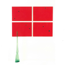 La mira, 2002 acrilico su legno e vetro 55x76 cm e fucile h 114 cm