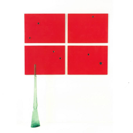 La mira, 2002 acrilico su legno e vetro 55x76 cm e fucile h 114 cm La mira, 2002 acrilico su legno e vetro 55x76 cm e fucile h 114 cm
