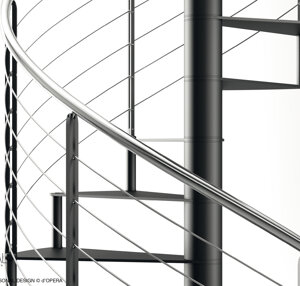 Scala a chiocciola con gradino in metallo e ringhiera in acciaio inox