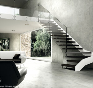 Scala con monostruttura in metallo, gradino in legno e ringhiera in vetro