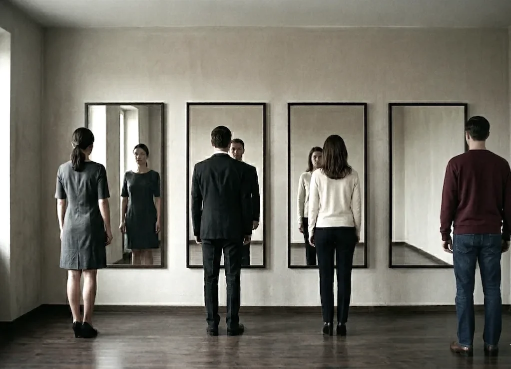 quattro persone in una stanza si guardano allo specchio ma solo una di esse non ha il ritorno d'immagine dallo specchio