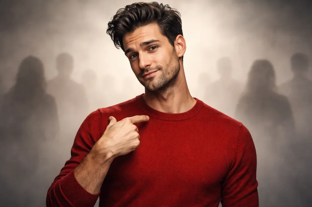 in primo piano uomo giovane vestito sportivo, indica con l'indice se stesso abbozzando sorriso