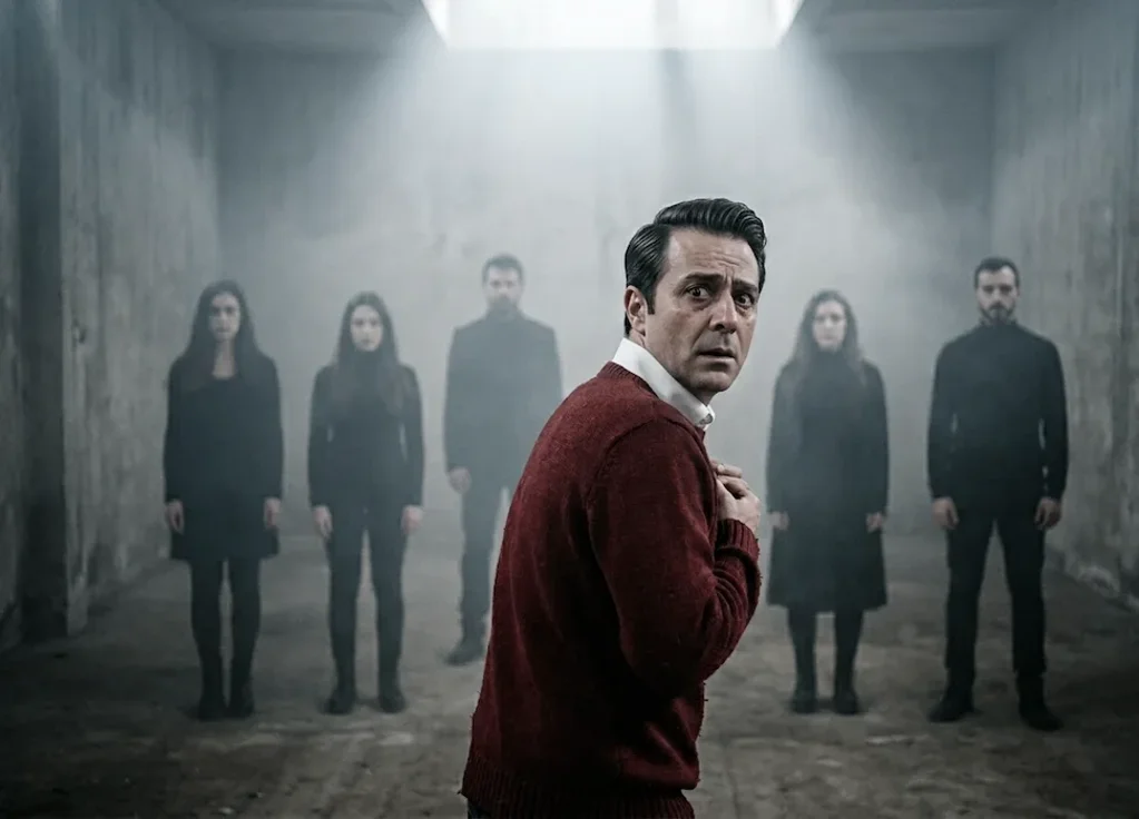 uomo con viso stravolto immagina di essere circondato da persone 