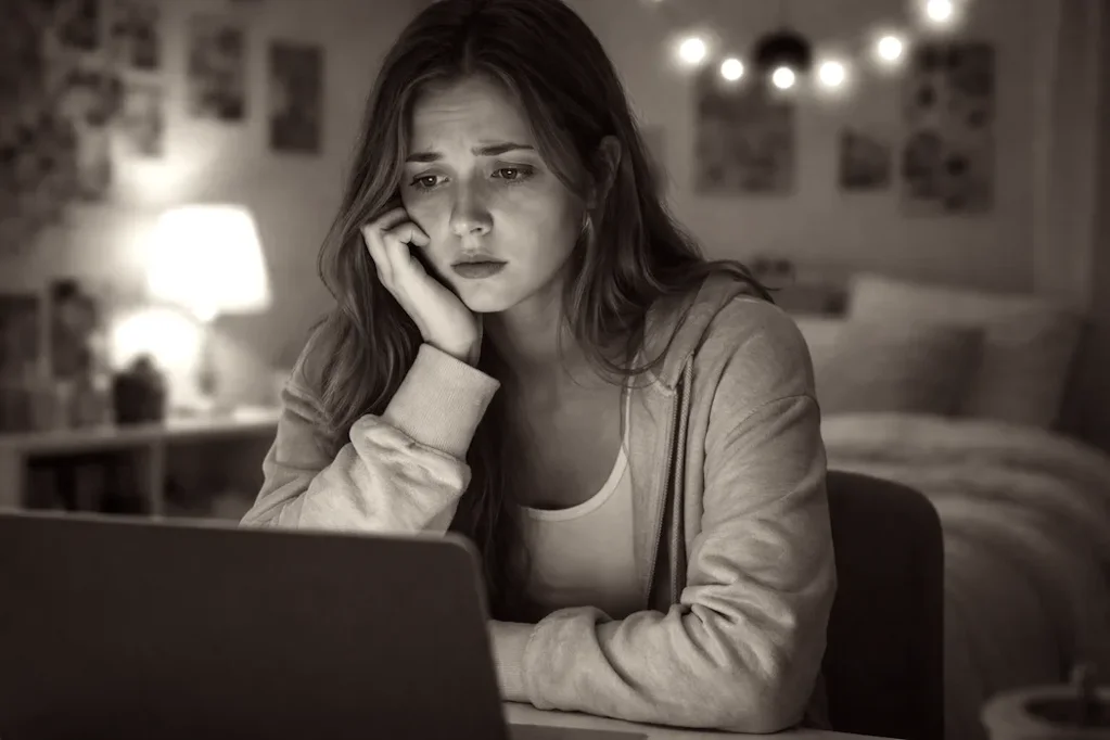 giovane donna nella sua stanza legge sullo schermo del PC frasi offensive 