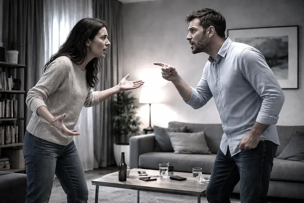 in stanza dialogo conflittuale fra uomo che punta l'indice verso la donna 