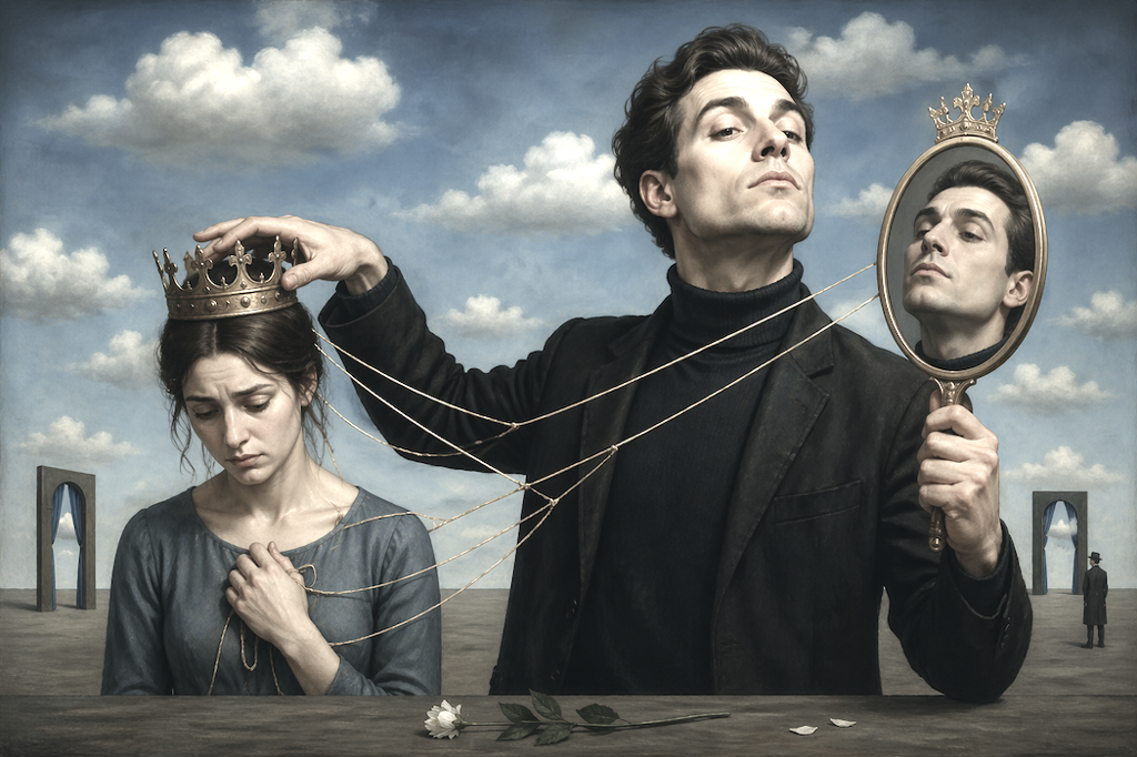 ambiente surreale:un uomo si specchia mentre pone una corona sulla testa di una donna