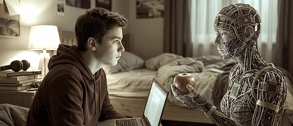 ragazzo nella sua stanza con pc acceso guarda AI rappresentata come persona che gli offre una mela