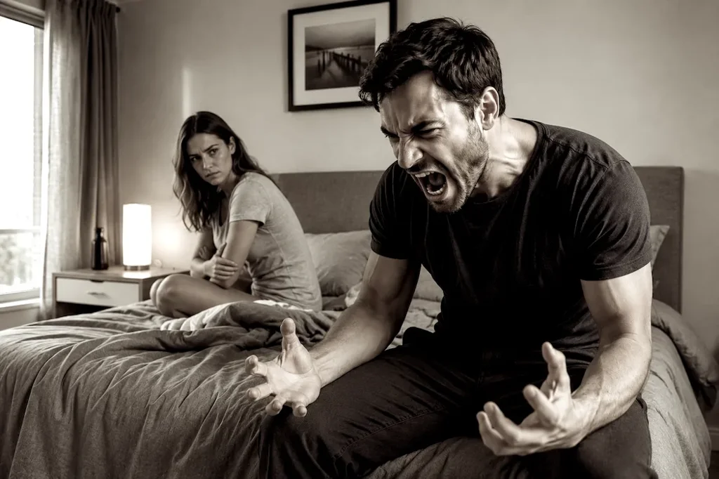 la donna a letto guarda il suo compagno molto aggressivo