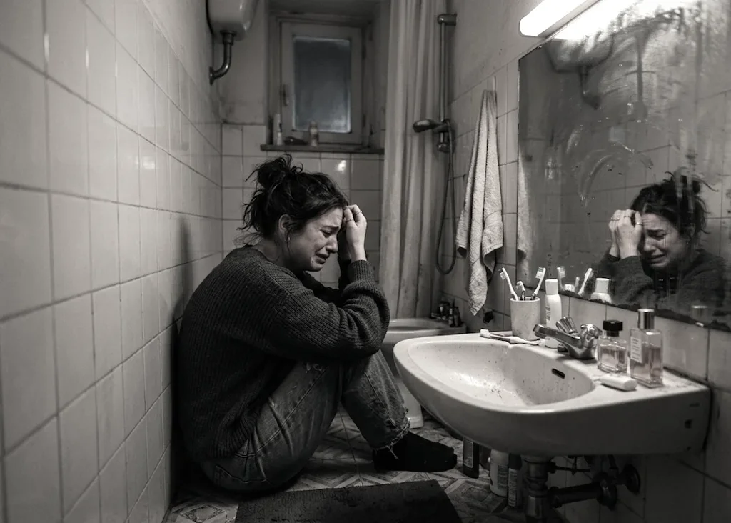 giovane donna in stanza da bagno piange tristemente davanti allo specchio