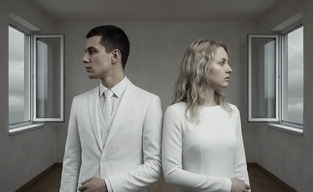 un uomo e una donna vestiti di bianco, in una stanza spoglia sebbene vicini guardano in direzioni opposte