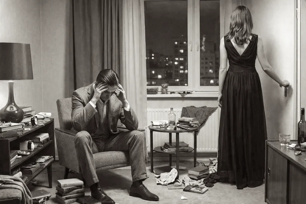 stanza completamente disordinata oggetti rotti sul pavimento, uomo seduto com mani sulla testa e donna che esce dalla stanza