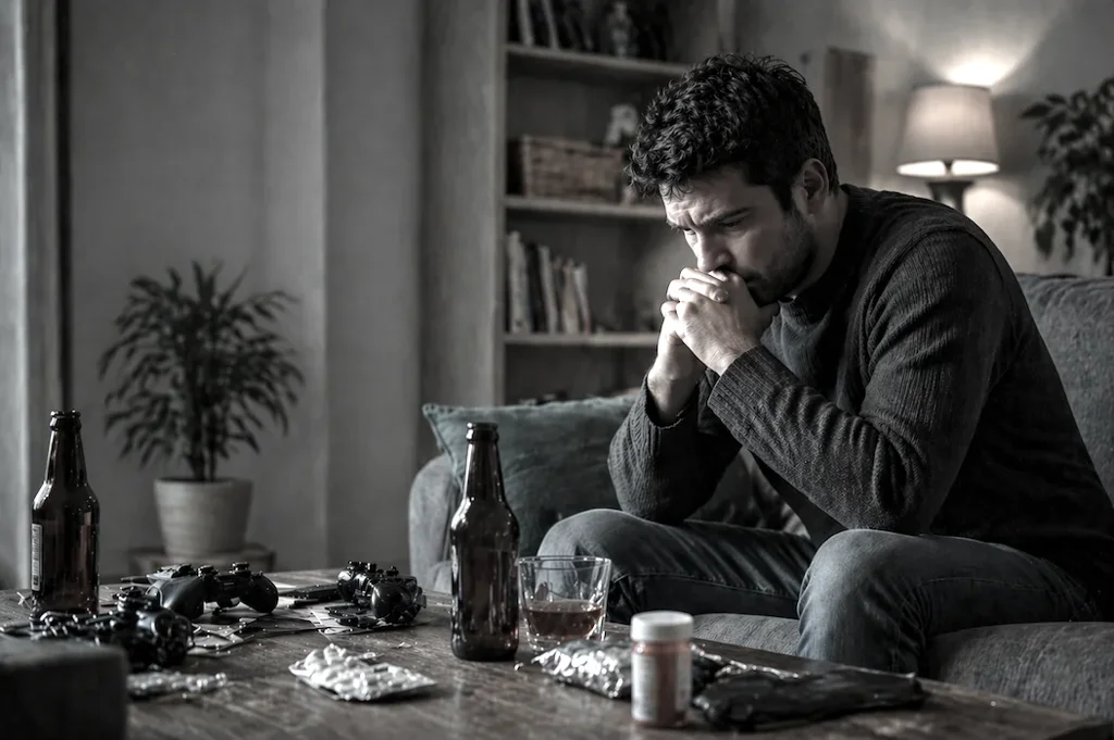 in salotto,uomo seduto, preoccupato guarda bottiglia di birra e bicchiere pieno sul tavolo 
