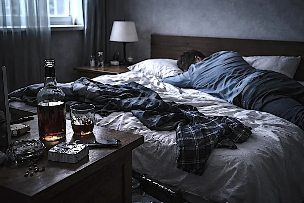 uomo giovane in camera da letto in disordine coricato vestito su letto sfatto