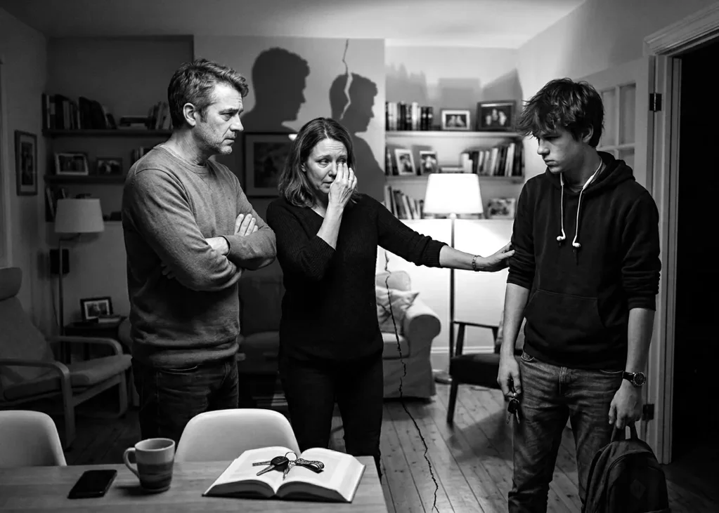 in soggiorno padre e madre piangente guardano il figlio che sta uscendo