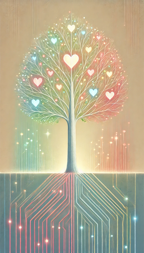 Albero con cuori brillanti e radici digitali