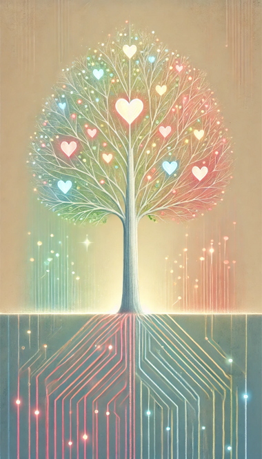 Albero con cuori brillanti e radici digitali