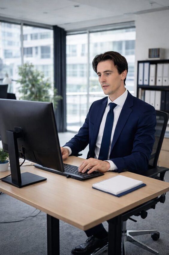 Perizzolo Christian al computer mentre lavora ad un progetto per la realizzazione di un giardino con relativo impianto d'irrigazione.
