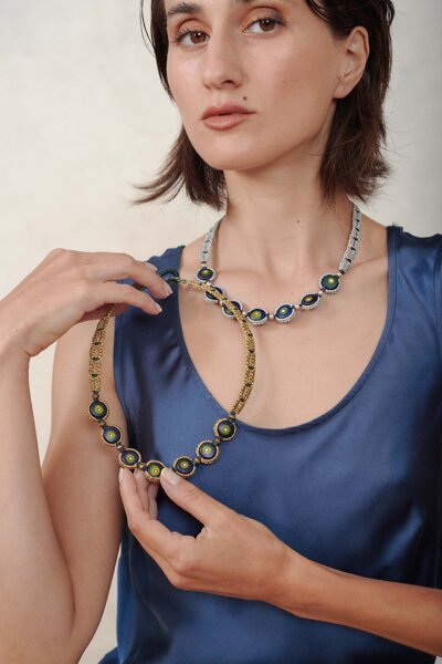 Girocollo in macram� e perle in vetro veneziane, collezione Indossare Venezia di Laura Bernard