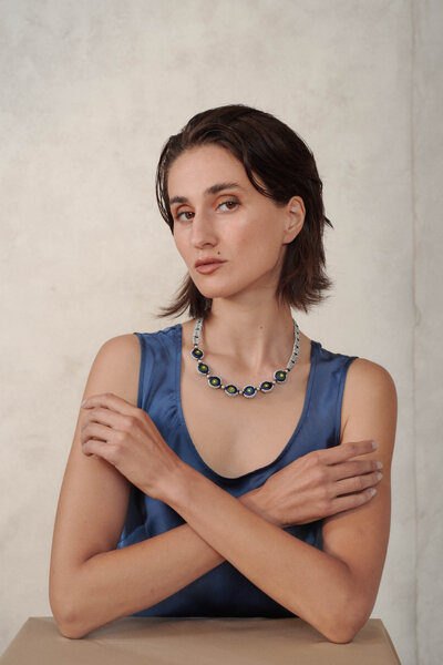 Girocollo in macram� e perle in vetro veneziane, collezione Indossare Venezia di Laura Bernard