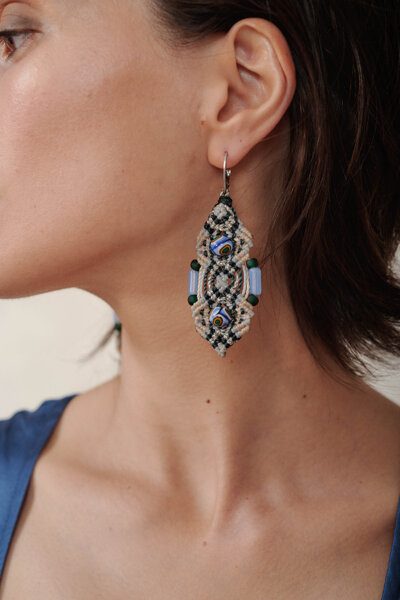 Orecchini in macram� e perle veneziane preziose, 2 o 3 elementi, collezione Indossare Venezia