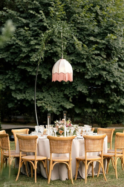 Illuminazione sospesa con arco vintage per matrimonio serale in giardino Illuminazione sospesa con arco vintage per matrimonio serale in giardino