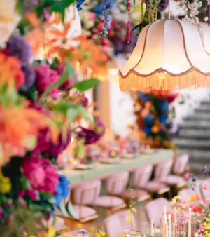 Lampadari sospesi vintage a noleggio per matrimonio, allestimento tavolata con paralumi senza fili