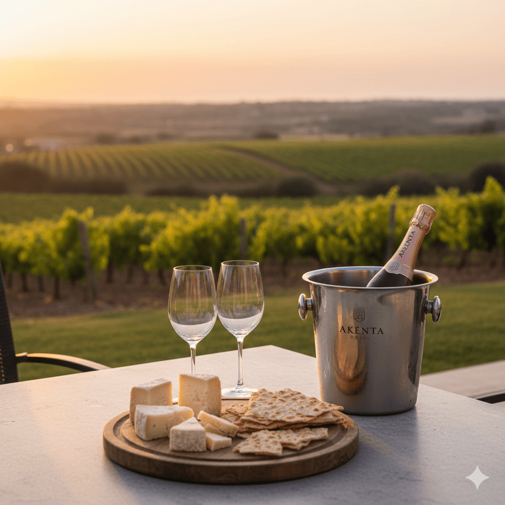 Aperitivo a Villa Malvasio con bottiglia di Akènta Rosé, formaggi locali e vista sui vigneti al tramonto