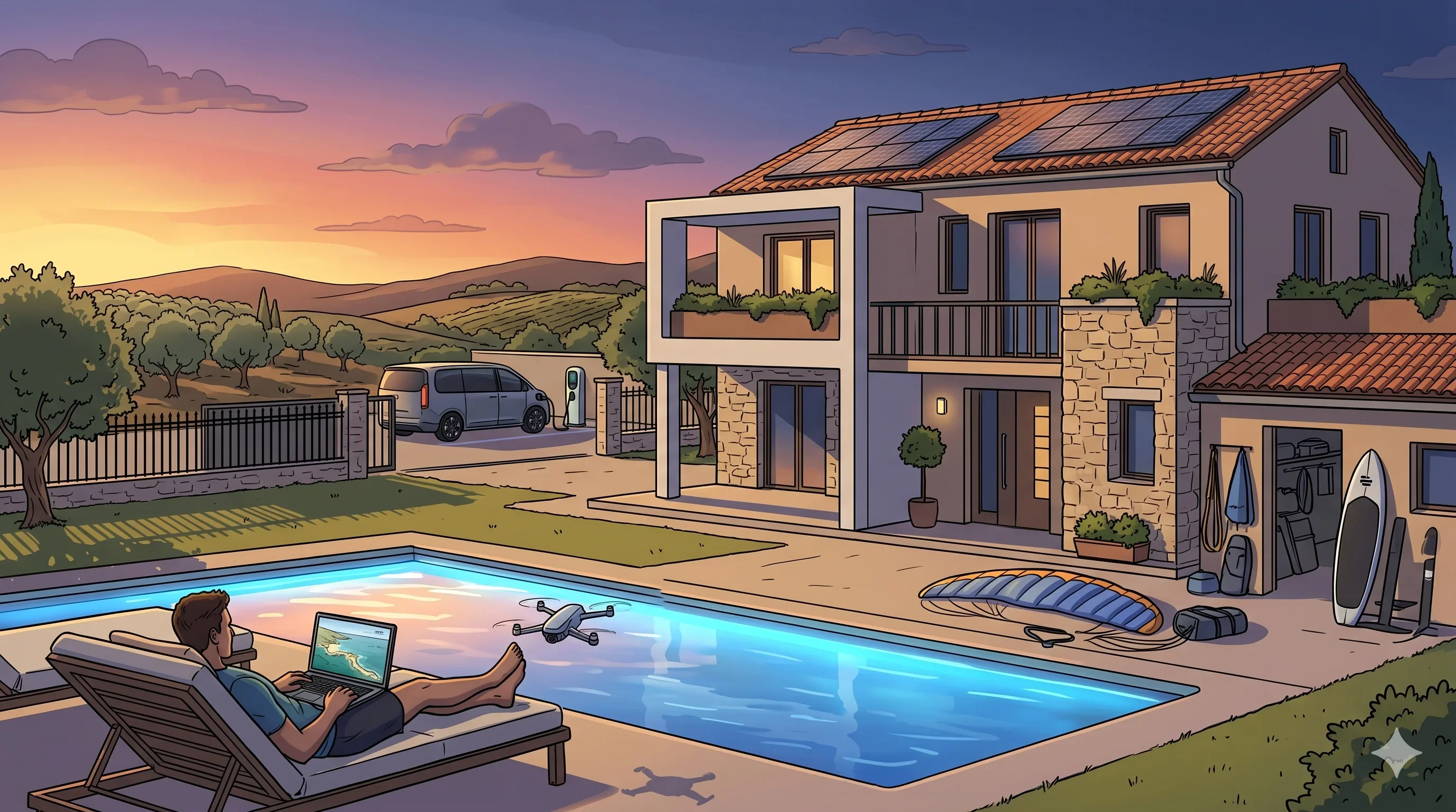 sport-acquatici-parawing-foil-assist-parcheggio-furgoni-sassari.webp Illustrazione di un atleta in relax a bordo piscina a Villa Malvasio che analizza le riprese del drone, con attrezzatura foil assist e parawing, e un furgone al sicuro nel parcheggio privato con ricarica EV sullo sfondo.