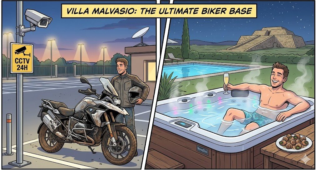 Vignetta stilizzata che mostra un motociclista che parcheggia in sicurezza e poi si rilassa nell'idromassaggio cromoterapico presso il B&amp;B Villa Malvasio a Sassari, Sardegna.