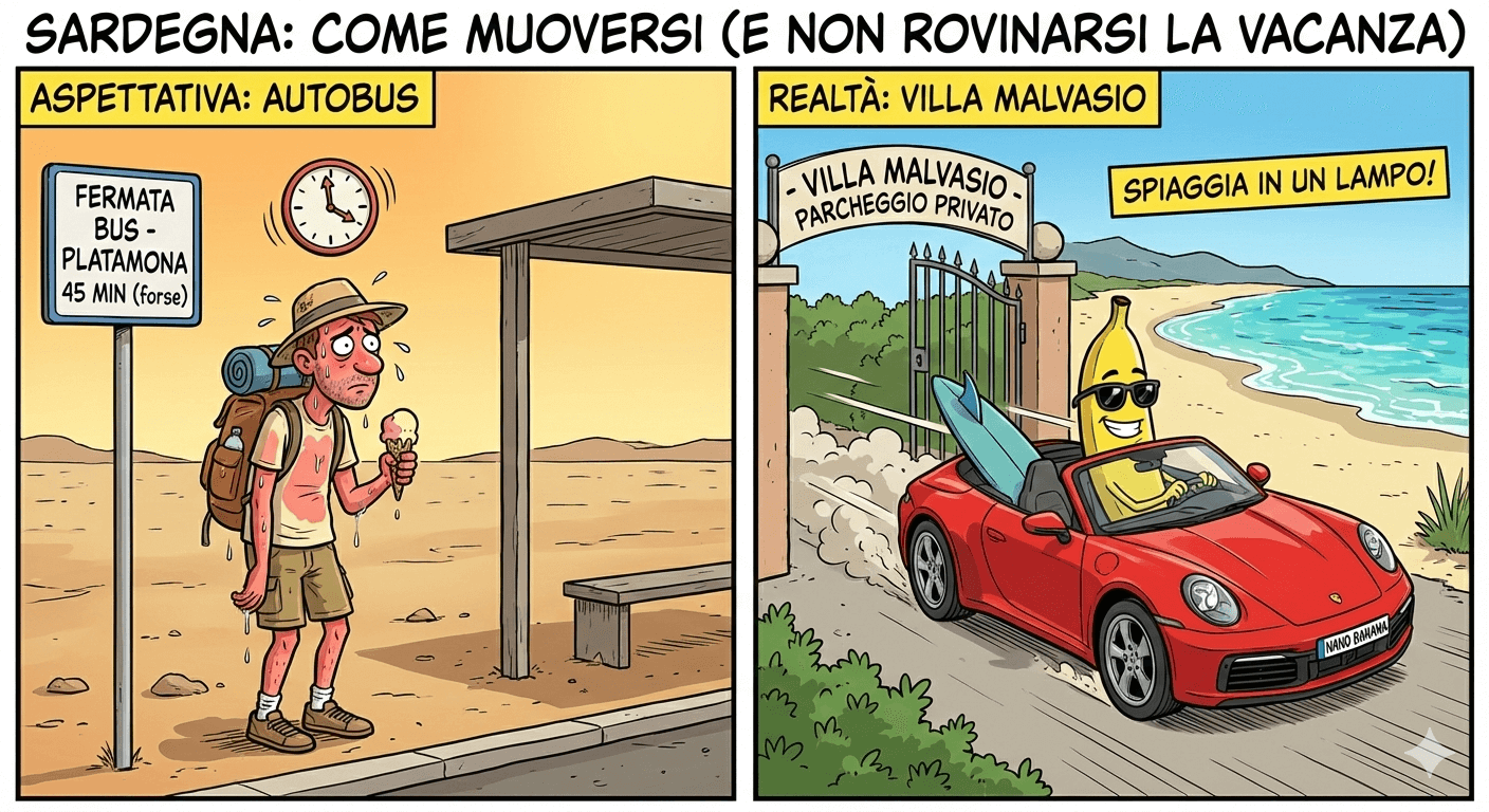 Nano Banana bus vs car comparison Sardinia holiday mistakes