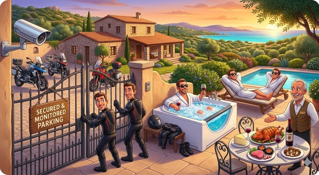 Illustrazione di motociclisti che si rilassano in vasca idromassaggio e gustano cibo tipico sardo a Villa Malvasio, dopo aver lasciato le moto nel parcheggio privato e videosorvegliato del resort nel Nord Sardegna.