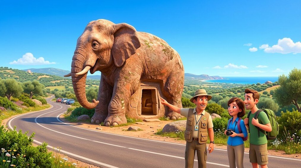 roccia-elefante-sardegna-tour.jpeg Illustrazione 3D in stile Pixar della celebre Roccia dell’Elefante in Sardegna in una giornata di sole. Un’amichevole guida locale indica l’antico ingresso preistorico scavato nella roccia a una coppia di turisti sorridenti. Il paesaggio circostante presenta verdi colline e un cielo azzurro e limpido.