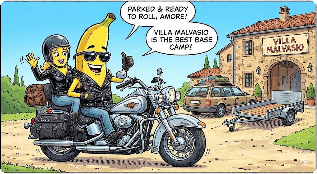 vignetta-villa-malvasio-motociclisti-parcheggio-sicuro-auto-carrello-sardegna.jpeg "Vignetta generata dall'AI: Nano Banana e sua moglie su una moto custom pronti per il tour, dopo aver lasciato auto e carrello nel parcheggio sicuro di Villa Malvasio."