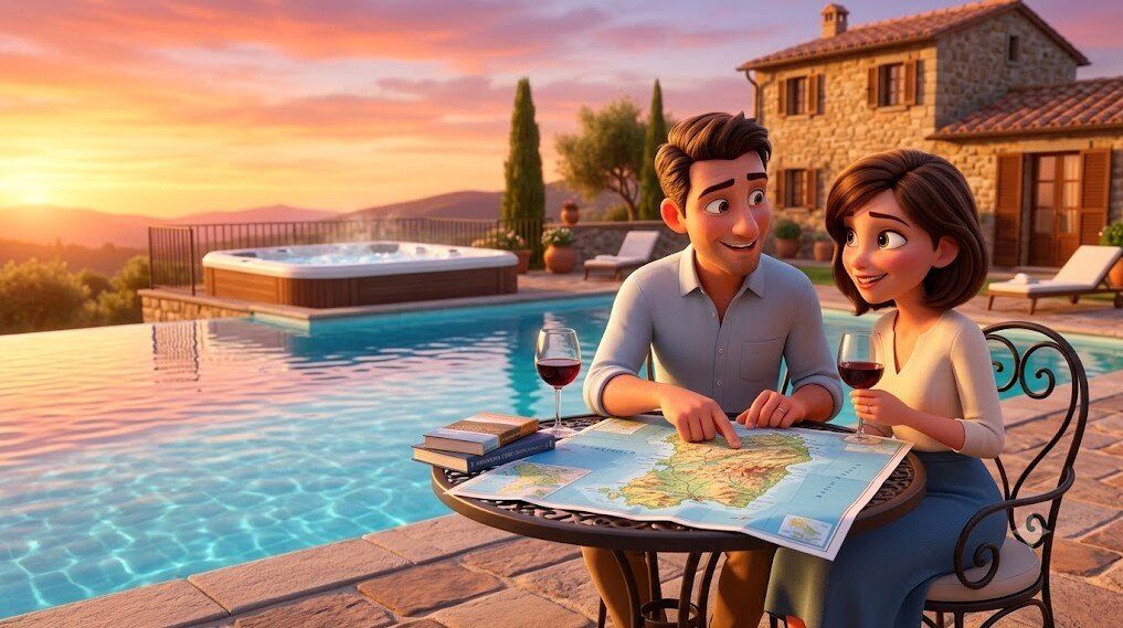 tour-culturale-nord-sardegna-villa-malvasio-relax.jpeg Illustrazione 3D stile Pixar di una coppia di turisti sorridenti che pianifica l’itinerario su una mappa della Sardegna. Sono seduti a un tavolino con due calici di vino rosso a bordo piscina al tramonto. Sullo sfondo, una lussuosa vasca idromassaggio e l’accogliente Villa Malvasio illuminata dalla calda luce serale.