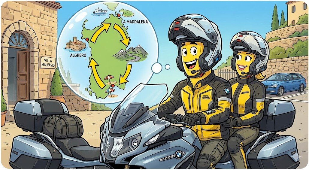tour-sardegna-moto-senso-orario-parcheggio-villa-malvasio.jpeg "Vignetta generata dall'IA: Nano Banana e sua moglie su una moto BMW pianificano il tour della Sardegna in senso orario. Sullo sfondo, auto e carrello al sicuro nel parcheggio di Villa Malvasio."