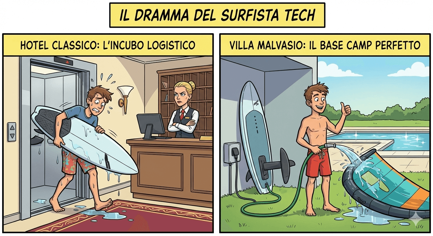 Vignetta confronto hotel: disagio ascensore vs comodità lavaggio e ricarica E-Foil Villa Malvasio