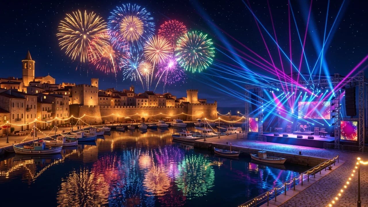 capodanno-alghero-2027-programma-concerti-porto.webp Fuochi d'artificio colorati e palcoscenico per concerto al porto durante il capodanno di alghero