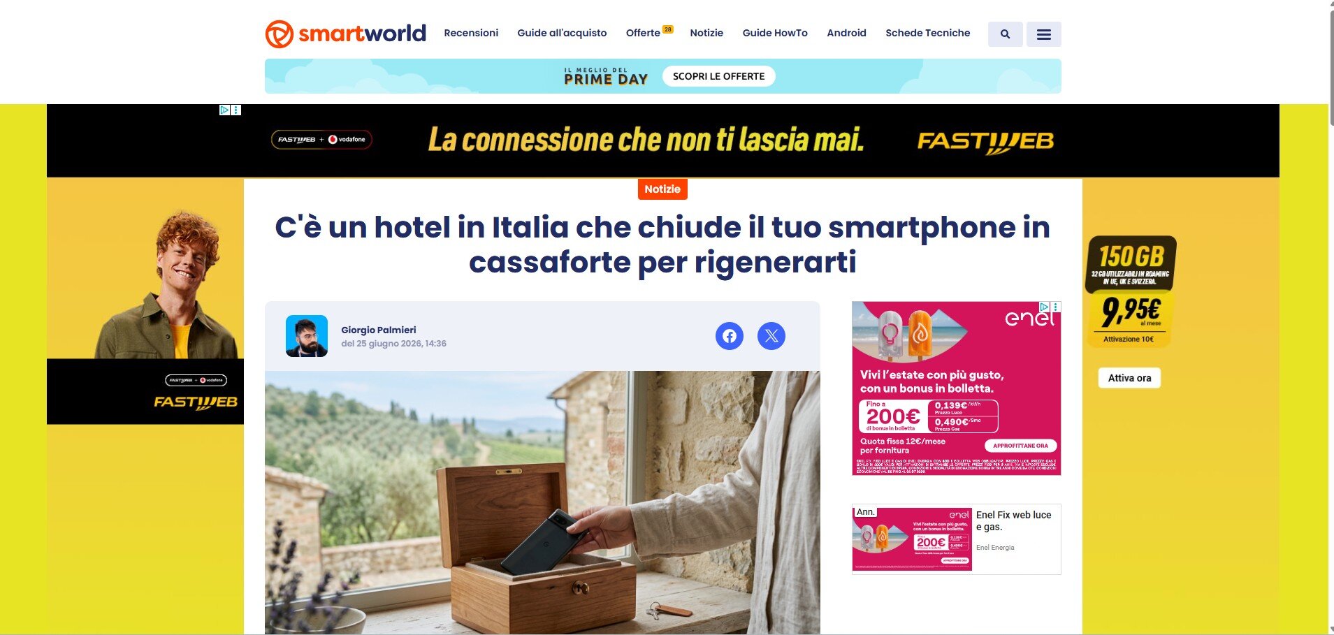 Screenshot dell'articolo di Smartworld che incorona Villa Malvasio come il primo hotel in Italia a offrire l'esperienza Soft Reset chiudendo lo smartphone in cassaforte.