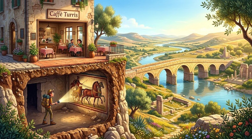 turris-libisonis-porto-torres-ponte-romano-tomba-ipogea-affresco-biga-illustration.jpeg Illustrazione 3D stile Pixar di Turris Libisonis a Porto Torres. In primo piano si vede una sezione sotterranea con una tomba romana e l’affresco di una biga scoperta da un turista con una torcia, posizionata sotto un bar. Sullo sfondo, il grande ponte romano a sette arcate.