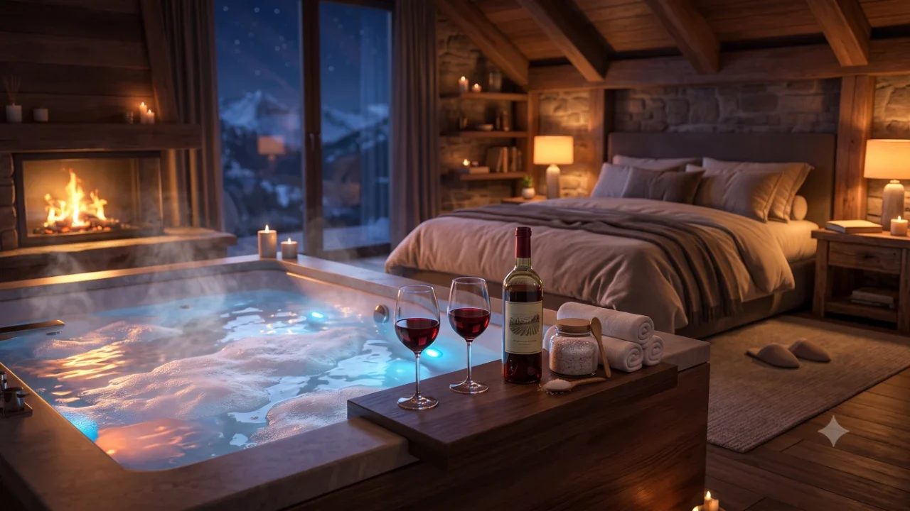 Lussuosa suite con vasca idromassaggio fumante, calici di vino rosso e cromoterapia per una romantica fuga di relax