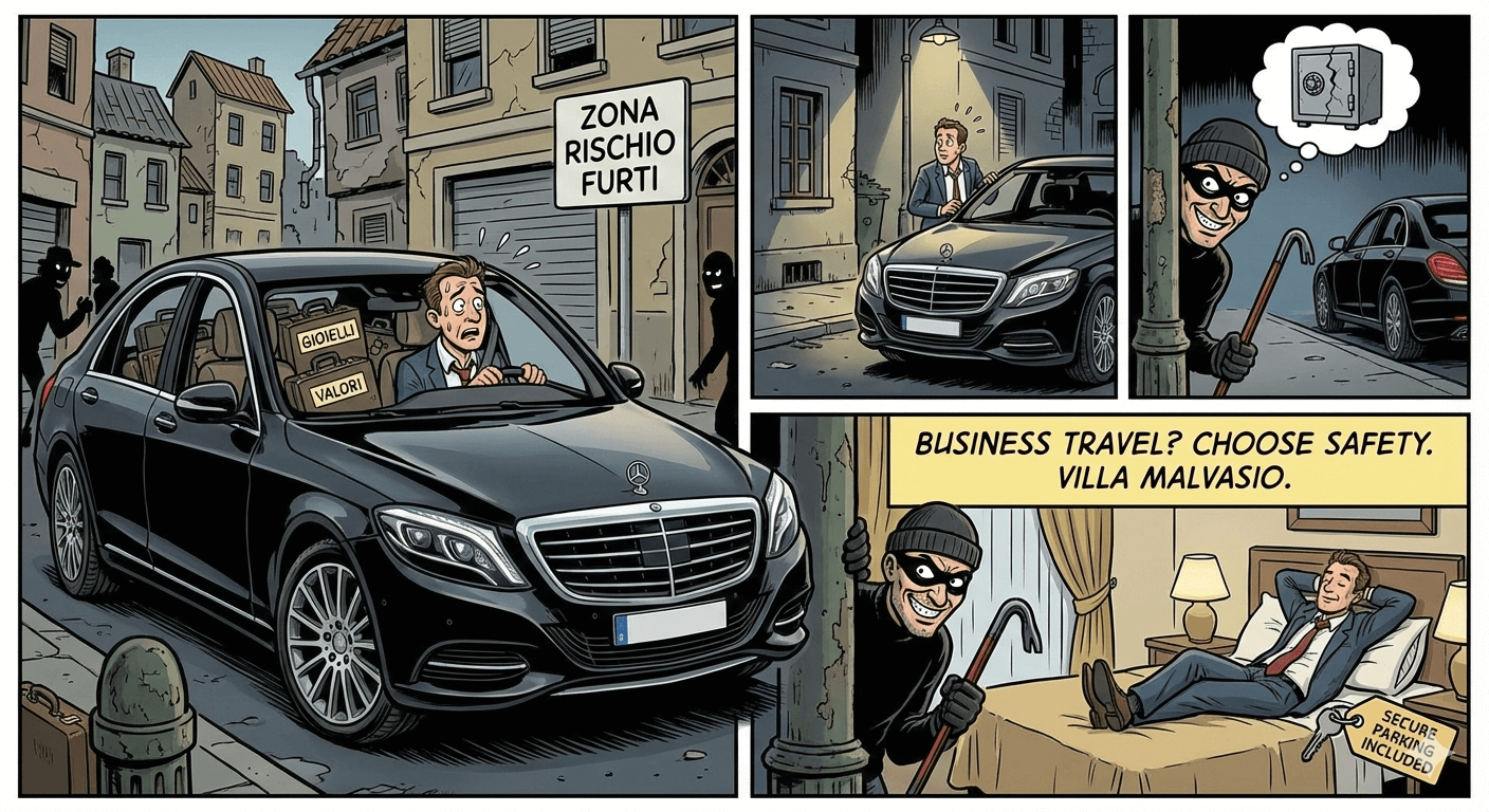 Rappresentante Mercedes rischio furto vs parcheggio sicuro Villa Malvasio Sassari.