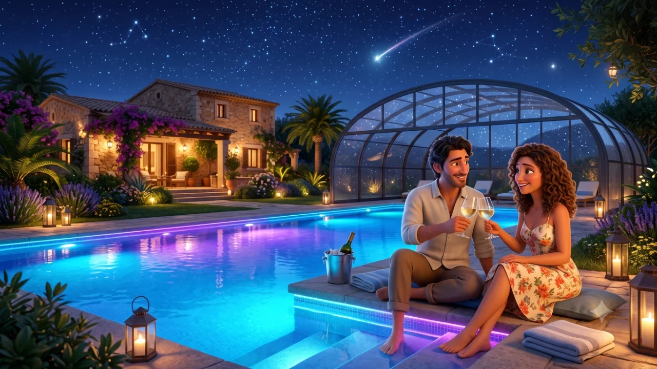 Couple relaxing in a beautiful private illuminated pool at night at Villa Malvasio Sassari with glasses of wine