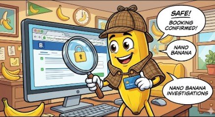 come-verificare-sito-booking-originale.jpeg "Nano Banana in versione investigatore controlla l'URL del sito web con una lente d'ingrandimento per garantire un pagamento online sicuro con carta di credito."