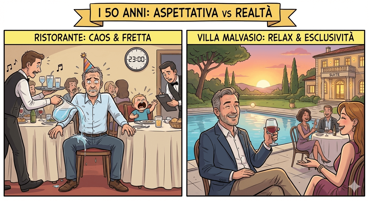 Vignetta confronto festa 50 anni: caos ristorante vs relax piscina esclusiva Villa Malvasio Sassari.