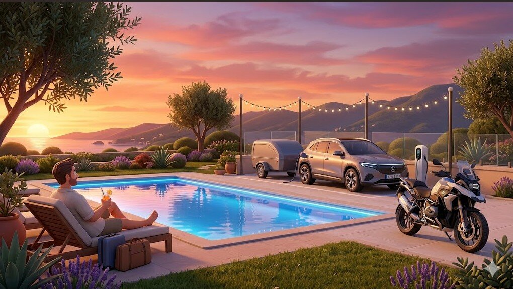 luxury-mediterranean-villa-sunset-relaxation.jpeg Illustrazione 3D di un viaggiatore in relax a bordo piscina a Villa Malvasio al tramonto. Nel parcheggio privato e recintato si trovano al sicuro una moto da viaggio, un'auto elettrica in ricarica e un carrello portamoto.