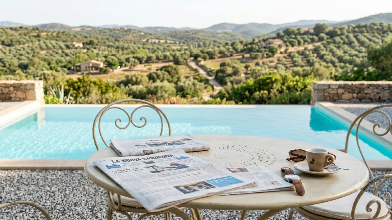 Table with open newspapers by the pool, a coffee and sunglasses, overlooking the hills and olive groves during a digital detox vacation at Villa Malvasio in Sardinia.