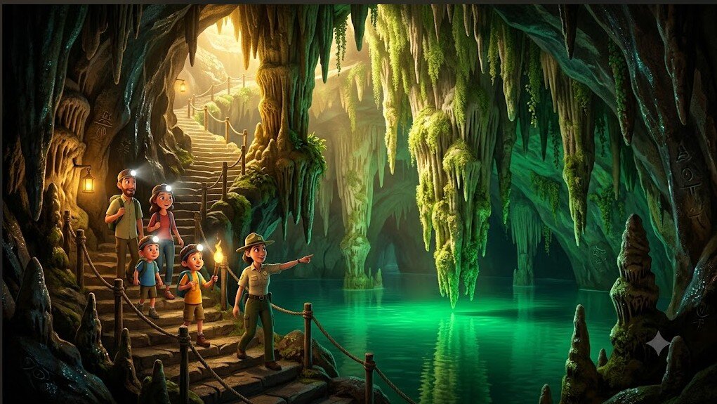 grotta-verde-alghero-sardegna-visita-guidata-pixar.jpeg Illustrazione 3D in stile Pixar dell’interno misterioso della Grotta Verde ad Alghero. Un piccolo gruppo di turisti guidati scende una suggestiva scalinata di pietra. Sullo sfondo, un lago sotterraneo riflette una brillante luce verde smeraldo sulle gigantesche stalattiti ricoperte di vegetazione.